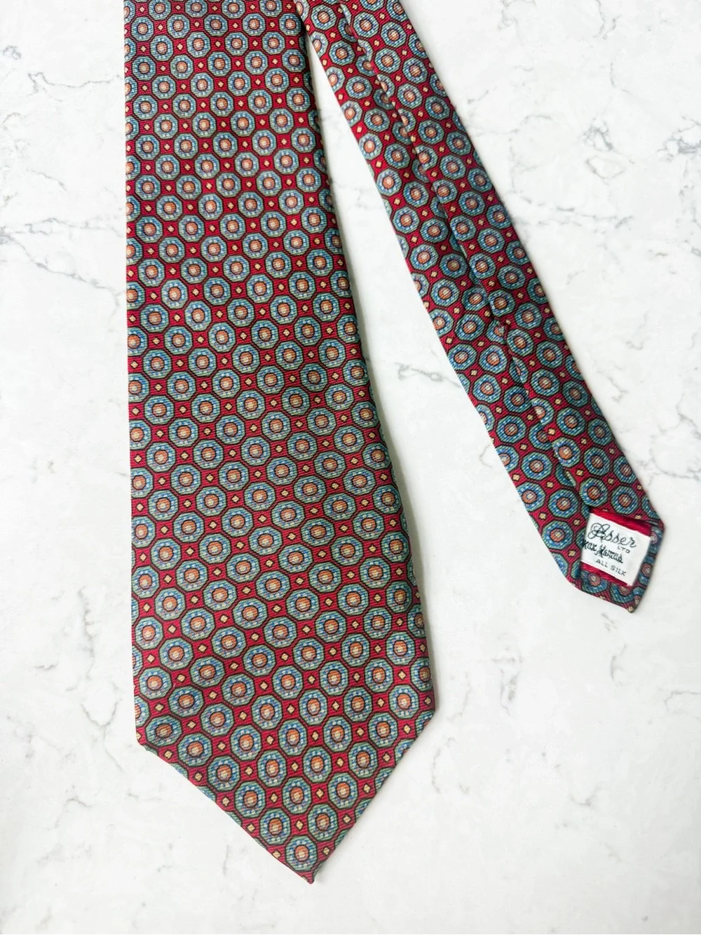 Vintage Turnbull & Asser Red Geometric medallion 100% Silk Tie 3.75” 5.5”